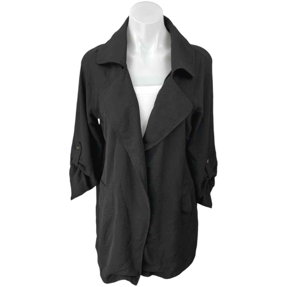 Adyson Parker Black Roll Tab Sleeve Open Front Collar Blazer Over Coat Jacket S